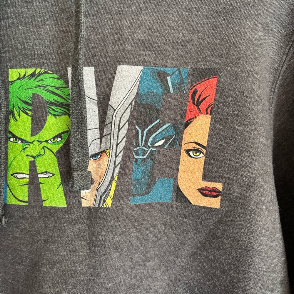Marvel hooded sweatshirt  featuring many of the characters. Size small.See below - Picture 6 of 11
